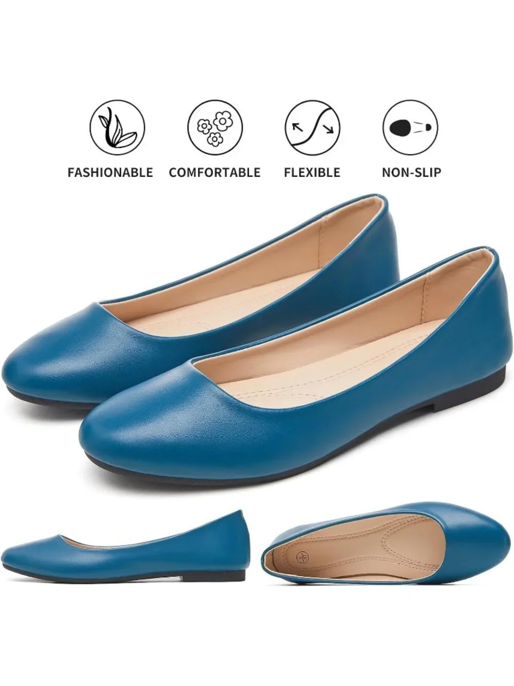 Women Azure Blue PU Leather Closed Toe Comfortable Flexible Slip On Ballet Flats